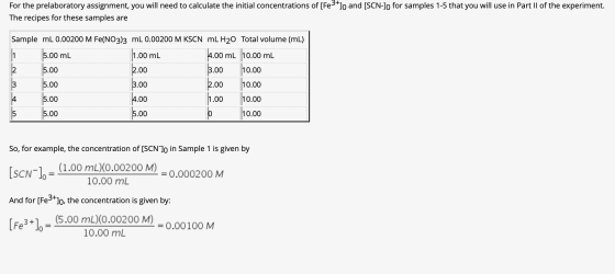 For the prelaboratory assignment, you will need to calculate the initial concentrations of [Fe3+10 and [SCN-10 for samples 1-
