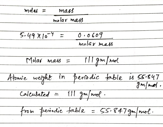 moles = mass molar mass 5.49 X10-9 0.0609 molar mass Molar mass ill Inol gm Atomie weight in period periodic table is 55.847