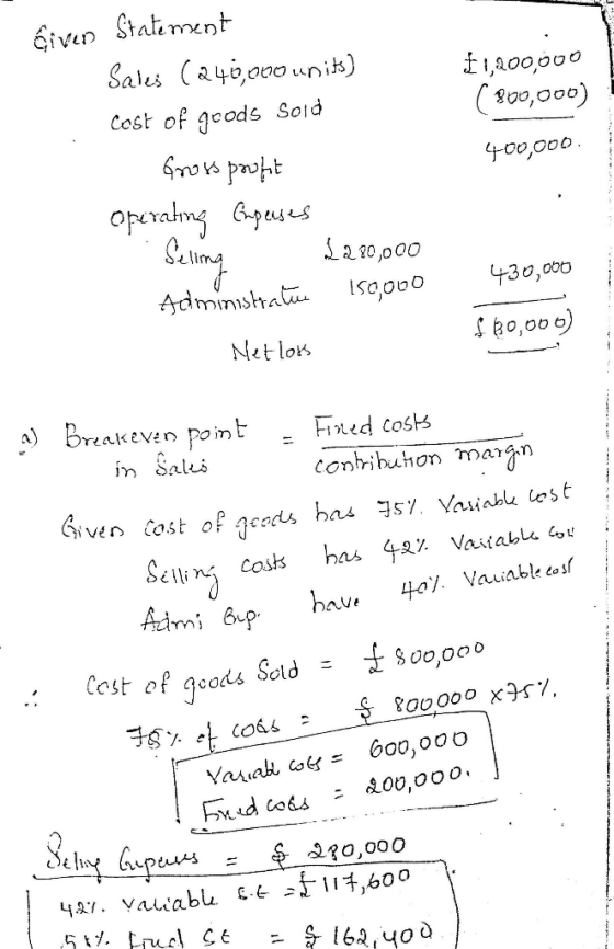 $1,200,000 ( 800,000) 400,000 Given Statement Sales (240,000 units) Cost of goods Soid Gross profit operating Eupenses Seling