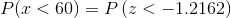 PC <60) = P(Z < -1.2162)