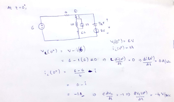 At t=0, Vlot)= 6V ; (lot) = 1A Vecot) = v-i (6) = 6-1(6) 20 clot) - 6-6 mi =) L dilot) - 0 dicot), DA z o Assec at E -1A, 3 c