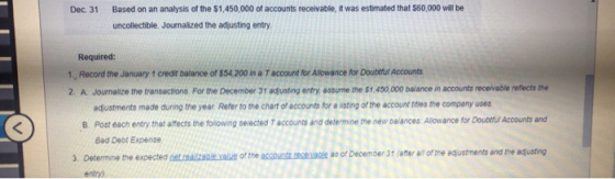 Dec. 31 Based on an analysis of the $1,450,000 of accounts receivable, it was estimated that $60,000 will be uncollectible. J