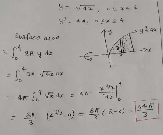 y = ✓ 4*, osxs 4 y² = 4 u osas 4 tyy Zan surface area = St any da = Star V7x dx = an Sot va ax = 45. Se = ax (4320) = a (0-0)