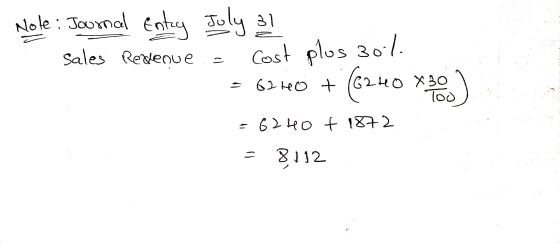 Note : Journal entry July 31 Sales Revenue - Cost plos 30l. = 6310 + (6260 X300) =6240 + 1872 = 8012
