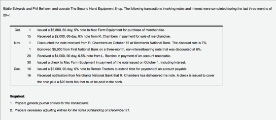 Eddie Edwards and Phil Bell own and operate The Second Hand Equipment Shop. The following transactions involving notes and interest were completed during the last three months of 20 Oct. 1 Issued a $6,800, 60-day, 5% note to Mac Farm Equipment for purchase of merchandise. Received a $2,000, 60-day, 6% note from R. Chambers in payment for sale of merchandise. Discounted the note received from R. Chambers on October 15 at Merchants National Bank. The discontrate is 7% 15 Nov. 1 1 Borrowed $5,000 from First National Bank on a three-month, non-interestbearing note that was discounted at 6% 20 Received a $4,000, 90-day, 6.5% note from L. Revsine in payment of an account receivable. 30 Issued a check to Mac Farm Equipment in payment of the note issued on October 1, including interest 1 0 16 Dec. Issued a $3,000, 90-day, 6% note to Remak Tractors to extend time for payment of an account payable. Received notification from Merchants National Bank that R. Chambers has dishonored his note. A check is issued to cover the note plus a $20 bank fee that must be paid to the bank. Required 1. Prepare general journal entries for the transactions. 2. Prepare necessary adjusting entries for the notes outstanding on December 31