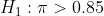 H1 : π > 0.85