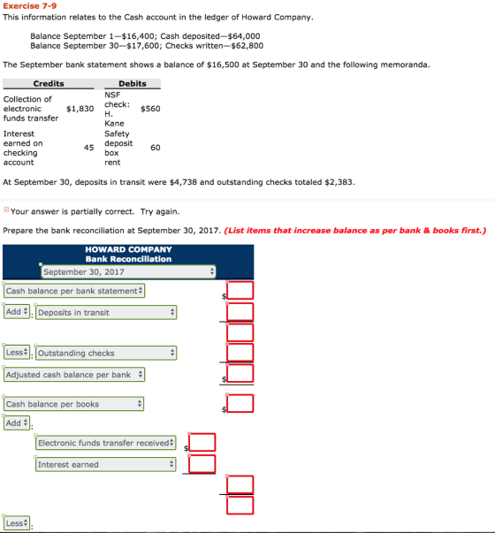 Exercise 7-9 This information relates to the Cash account in the ledger of Howard Company Balance September 1-$16,400; Cash deposited-$64,000 Balance September 30-$17,600; Checks written-$62,800 The September bank statement shows a balance of $16,500 at September 30 and the following memoranda Credits Debits NSF Collection of electronic funds transfer $1,830 check: $560 Kane Safety Interest earned on checking account 45 deposit 60 box rent At September 30, deposits in transit were $4,738 and outstanding checks totaled $2,383. 2 Your answer is partially correct. Try again Prepare the bank reconciliation at September 30, 2017. (List items that increase balance as per bank & books first.) HOWARD COMPANY Bank Reconciliation September 30, 2017 Cash balance per bank statement Add Deposits in transit Less$시 Outstanding checks Adjusted cash balance per bank Cash balance per books Add Electronic funds transfer received Interest earned Less