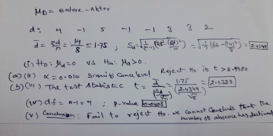 Mo = Betore - After do 4 - 5 - - 3 32 à = = = 1.75 , sa - ) -54166-(0432) = 12.4358 (in Ho: Ma=0 vs Hai Maxo. (a) (1)&=0.000