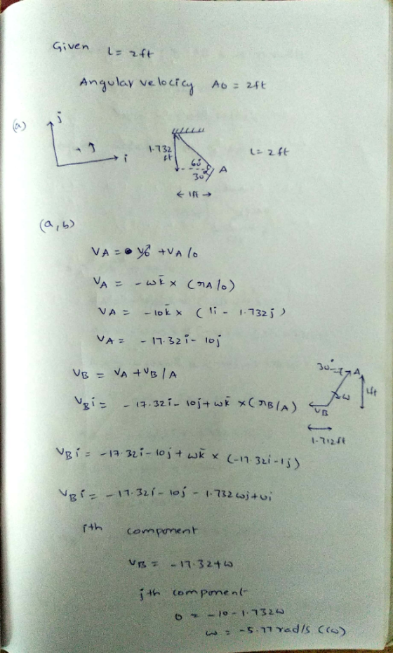 Given L 2ft Angulay ve lectay Ab = 24ヒ 732 L2 ft A 30 (a,6) y+VA lo VA VA tx C7A 1o VA lok x (li1 132j - 11. 321 to VAz {7A V