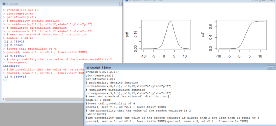 RR Graphics: Device 2 ACTIVE) RR Console 0.8 pdf 0.10 cdf 0.4 0.00 > x=rnorm (100,3,2.1); > plot (density (x)) > par (mfrow=c