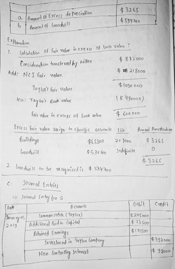 $3265 $534700 0. Amount of Excess de preciation Amount of Goodwill b. Explanation L. Calculation of fair value in excess of b