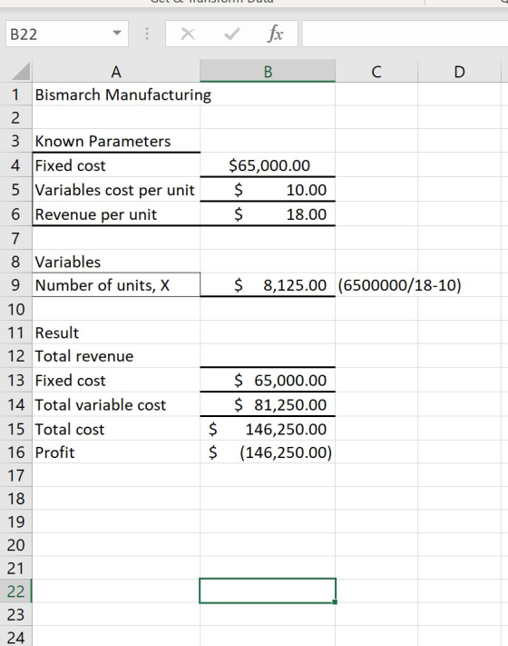 EL TEUTON DULU B22 B C D A 1 Bismarch Manufacturing 2 3 Known Parameters 4 Fixed cost 5 Variables cost per unit 6 Revenue per