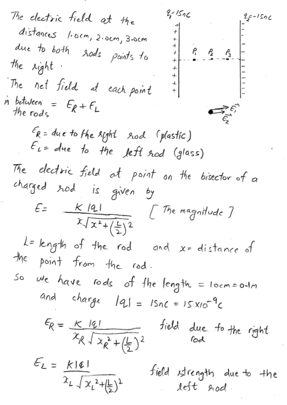 The electric field the distances /.ocm due to both aodsPonts fo the iaht Ieky彳 he net field d eack pont* e rods ER due to fheAght Aod (plastic ) EL- due to the Jeft hod (3lass) The dedric feld at point on the bisecfor of a charged hod is given b The mag-clude 1.27haf the rod andx-distance e point f the od 6jn Yom So we have lods af fhe length= locm:0.1m field due fo the rght fodd ferd rength due to the