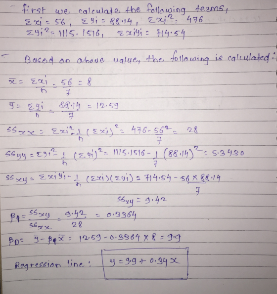 first we calculate the following teams, Exi=56, Ey;= 88.14, Exi2 476 E9; 2= 115. 1516, Exilgis 14:54 Based on aboue ualue, th