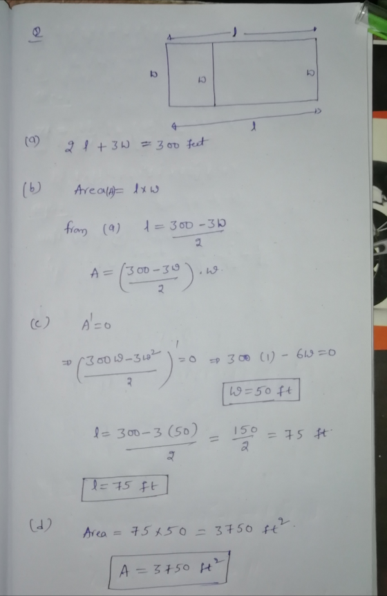 al 4 b b. 4 ན (9) 2 l +3W=300 feet (b) Areal low from (a) 1=300-30 Q A= 00-30 W. o 2 Azo 300w-3202 (3001 D 300 (1) - G1 =0 २