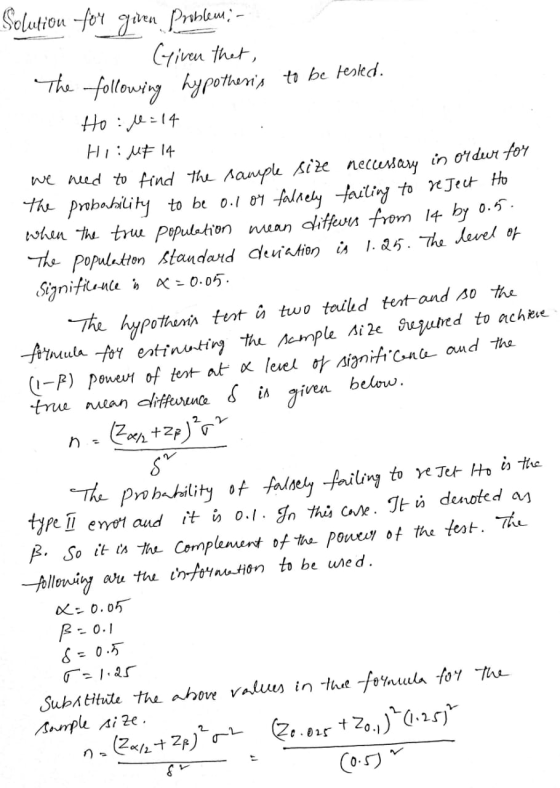 Solution for giren Problem: - Given that, The following hypothesis to be tested Hol=14 Hi: MF 14 we need to find the sample s