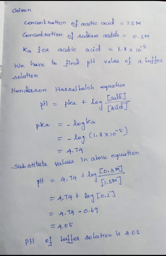 1.8 X 15 5 Griven 0.3M concentration of acetic acid = 1.5M Concentration of sodecom acetate Ka fox acetic acid We have to fin