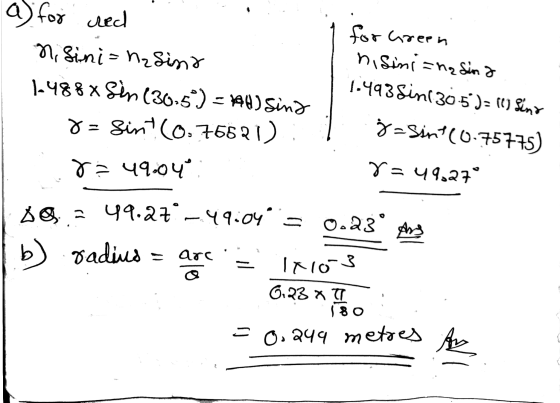 a) for cred Nisini= hzsina 1-488x Sin (30-5°) = 44) Sind O = Sint(0.76621) for creen nisini=ha sina 1.498 Sin (30.5)= (1) Sin