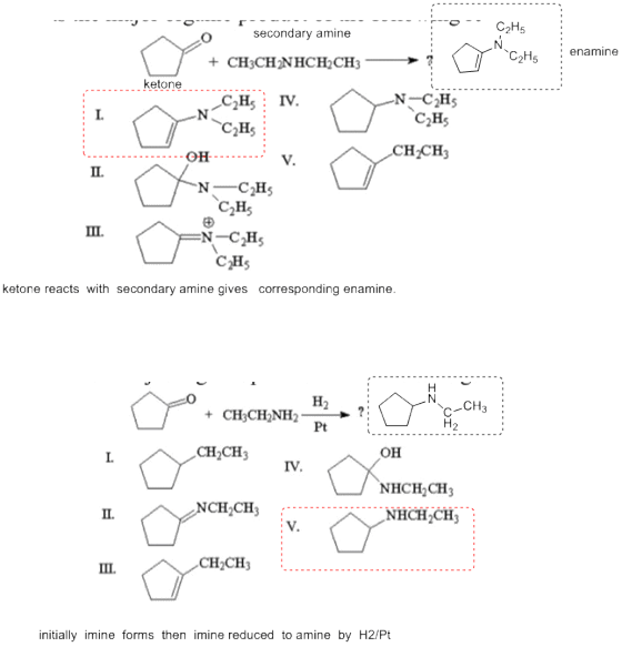 C-Нь secondary amine enamine C2H5 CH3CHNHCH2CH3 ketone -N-CHs С,Hs гV. I С,H, CHCH он- V. п. N -СH, CHs п. N-CH с ня ketone r