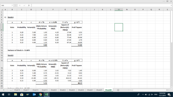 Мб A B C D E F H I J K L M N O P Q R S 3 A) Stock A a b c d =cbe =c-0.8% State Return(A) - ER(A) ER(A)=Return Probability Ret