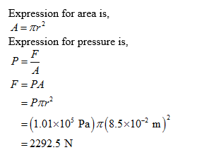 Expression for area is, A = r2 Expression for pressure is, P-F F=PA = P22 =(1.01x10 Pa) 7(8.5x10 m) = 2292.5 N