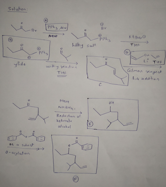 Solution: (PPhz, ACN Br AEN - pphz salt Kt Buo THE Wittig - PPh ₂ NL THE glide willig reaction THE Gilman reagent 1,4 additio