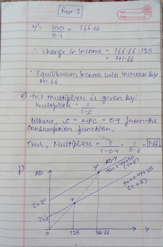 (Page 21 100 = 166.66 change in Income = 166.66-125 41.66 ? Equilibeeium Income will increase by H1.66 T-C e) the multiplier