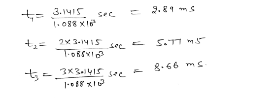 to sec = 2.89 ms 3.1415 1.088 x 103 t = 2x3.1415 1088x103 sec a 5o77 m5 = 8.66 ms. t= 3x301415 sec 1.088 x 103