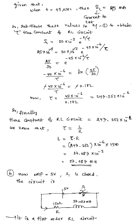 then given that, when t = 45 usec F = 95 ma d Current in cht so, substitute these values in es-o to obtain e time constant R