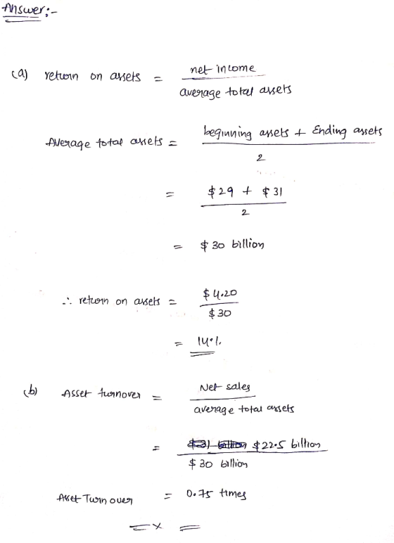 Answer;- ca) net income return on assets - average total assers beginning assets + Ending assets Average total assets = 2 = $