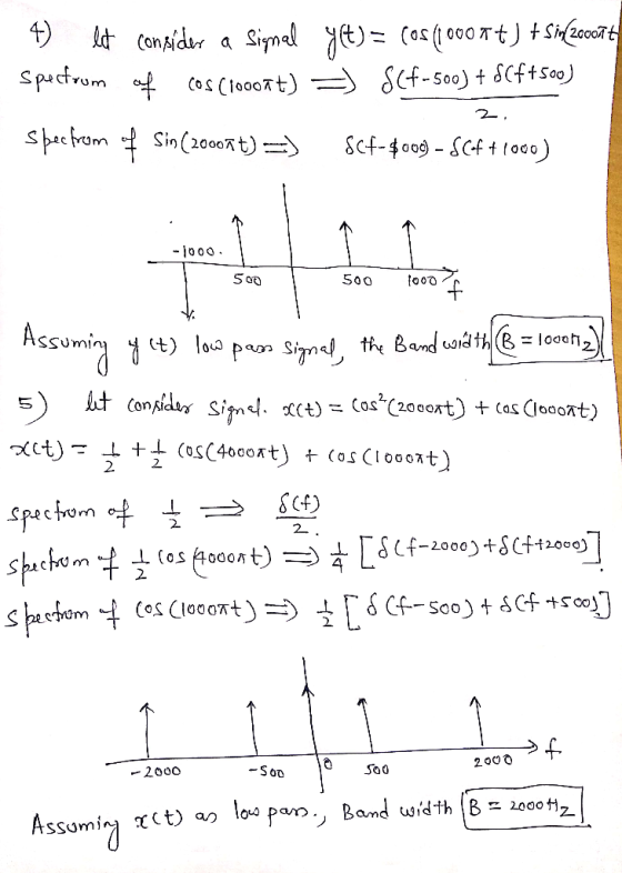 4) lt consider a Sigmal yat) = cos (1000 t) + Sin 2600īt Spectrum of cos (1oooat) = S(f-500) + 8(6+500) Spec from of Sin (200