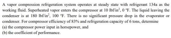 A vapor compression refrigeration system operates at steady state with refrigerant 134a as the working fluid. Superheated vap
