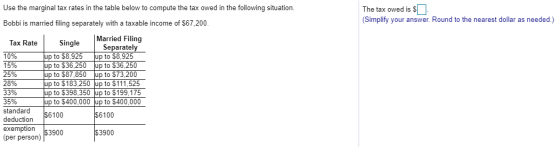 Use the marginal tax rates in the table below to compute the tax owed in the following situation. Bobbi is married filing sep