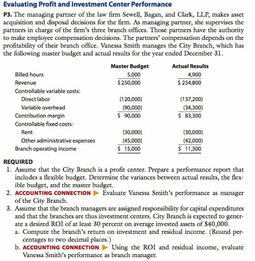 Evaluating Profit and Investment Center Performance P3.The managing partner of the law firm Sewell, Bagan, and Clark, LLP, ma