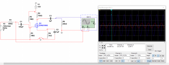 V1 -15V Oscilloscope-XSC1 1 R5 7500 C3 xsc1 R2 1ΜΩ HH R1 1F Ext Trig C1 FIB 100F Q1 ZVN2106G R6 20kg V2 5000 100mVpk 5kHz 0°