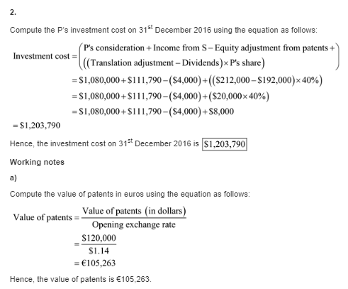 Compute the Ps investment cost on 315 December 2016 using the equation as follows: (Ps consideration + Income from S-Equity