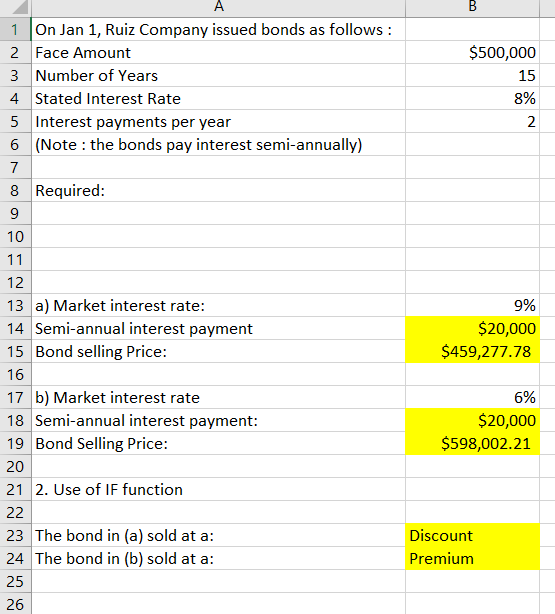$500,000 15 8% 1 On Jan 1, Ruiz Company issued bonds as follows: 2 Face Amount 3 Number of Years 4. Stated Interest Rate 5 In