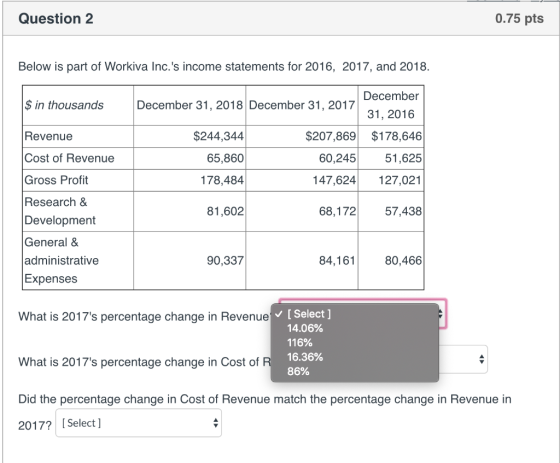 Question 2 0.75 pts Below is part of Workiva Inc.s income statements for 2016, 2017, and 2018. $ in thousands Revenue Decemb