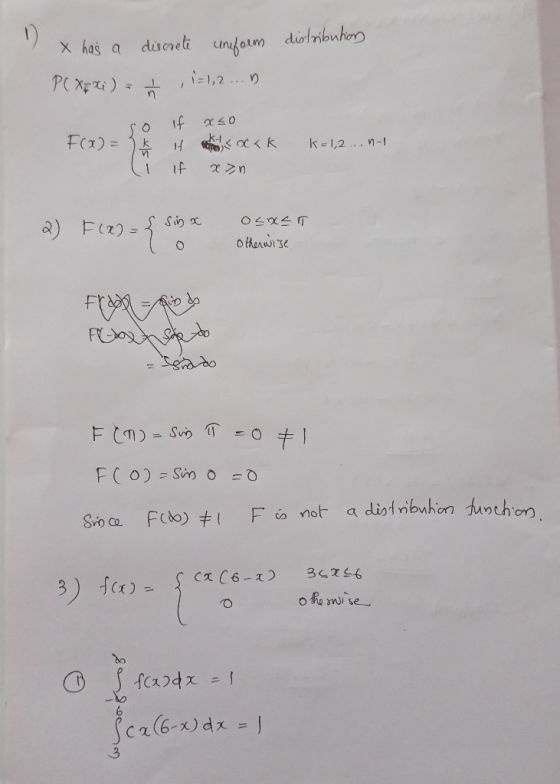 1 distribution x has a P(XER) discrete uniform I , 1=1,2... if 220 F(X) = 1k -slxo k=1,2...n-1 1 ΠΕ Ocak α λη 2) F(x) = { S