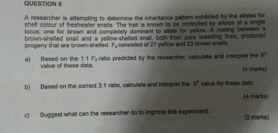 QUESTION 5 A researcher is attempting to determine the inheritance pattern exhibited by the ales for shell colour of freshwater snails. The trait is known to be controlled by alleles at a single locus; one for brown and completely dominant to allele for yellow. A mating between a brown-shelled snail and a yellow-shelled snail, both from pure breeding lines, produced progeny that are brown-sheiled. F2 consisted of 27 yellow and 23 brown snails. inheritance pattern exhibited by the alleles for Based on the 1:1 F2 ratio predicted by the researcher, calculate and interpret the X2 value of these data. a) (4 marks) b) Based on the correct 3:1 ratio, calculate and interpret the X value for these data. (4 marks) c) Suggest what can the researcher do to improve this experiment. (2 marks)