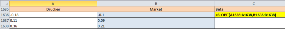 B Market Drucker Beta =SLOPE(A1636:A1638,B1636:B1638) 1635 1636 -0.18 1637 0.11 1638 0.36 |-0.1 0.09 0.21
