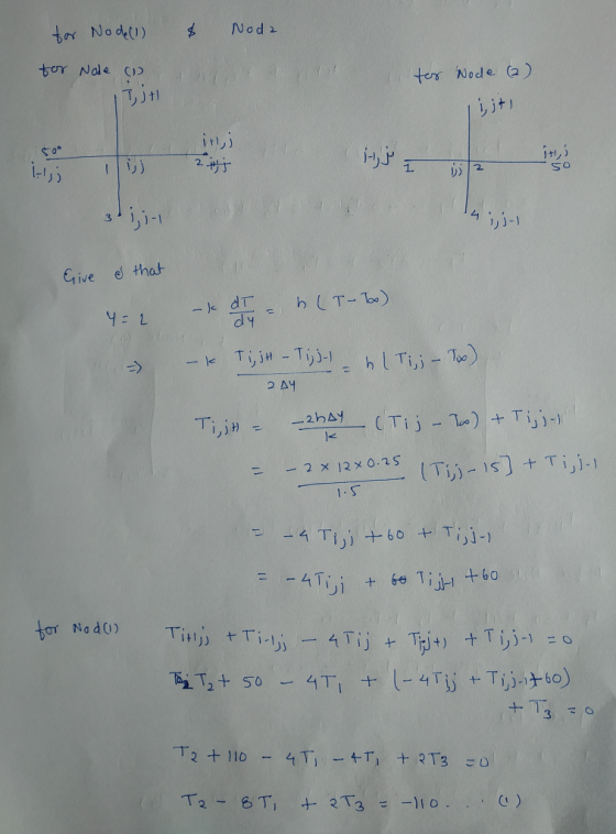 for Node(1) Noda for Node (D Ijt for Node (2) 中 ii ilij 2 ihje 1 152 SO ا ا ۱-ر Erive & that Y=2 - k dT (T-To) - k Ti, jt -