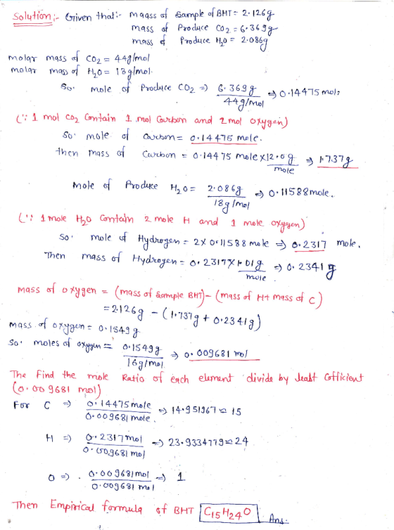 Solutioni- riven that maass of iample of BHT 2-126g mass of Prodyce Co2 - 6-36 Pro duce H0 2.0 mass molar mass i Co2 44mol ma