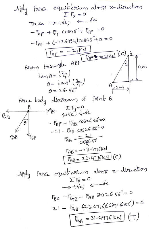 take Apply fasce equilibrium along x-direction E Fx = 0 Take tve; - PF + FF C0545+ FEF = 0 -FoF + (-29.6984)C0545 +0=0 FAF -