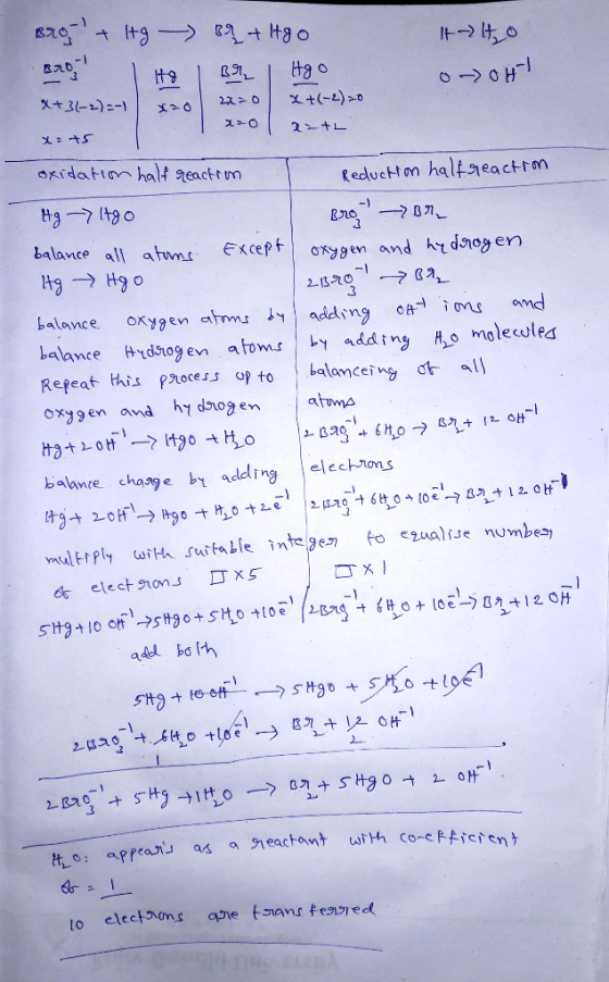 Bror & Hg - 82 + tgo It to B201 H7 | B9, Hg 0 0-01) X+31-2)=-1 xzo 2x20 x+(-2) 20 x=+5 1 x:01 x=+L oxidation half reaction Re