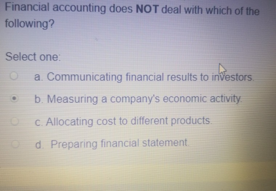Financial accounting does NOT deal with which of the following? Select one a Communicating financial results to investors b.