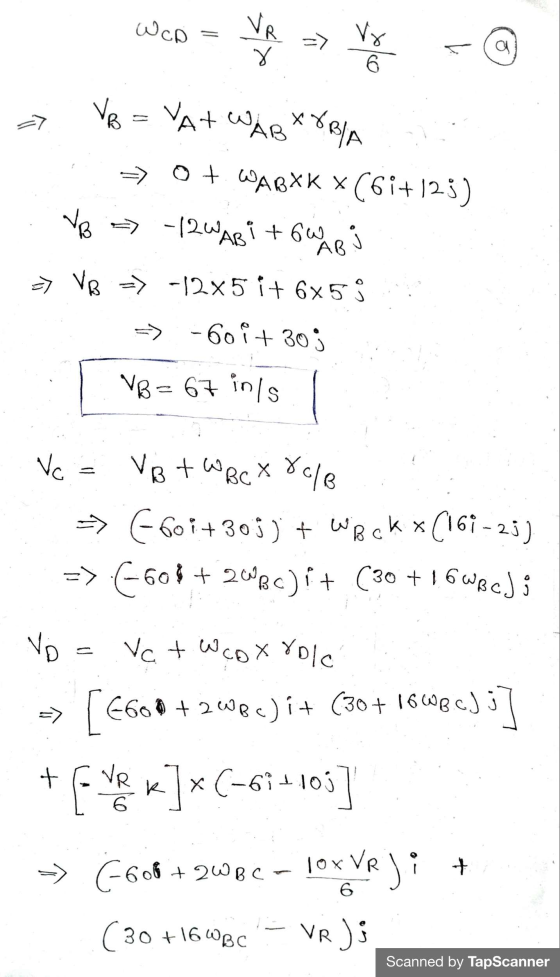 WCA VR Vr a 6 VB = VA+WA WABYYRIA 2 O + AaXK x(61+ |25) VB => -12Wari +60 AB => VB => -12x5 it 6x53 => Goit 309 VB = 67 in/s