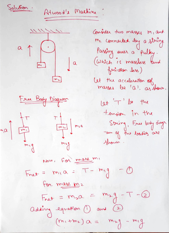 Solution Atwoods Machine llllll Consider two masses m, and me connected by a string Passing over a pulky. (which is massless