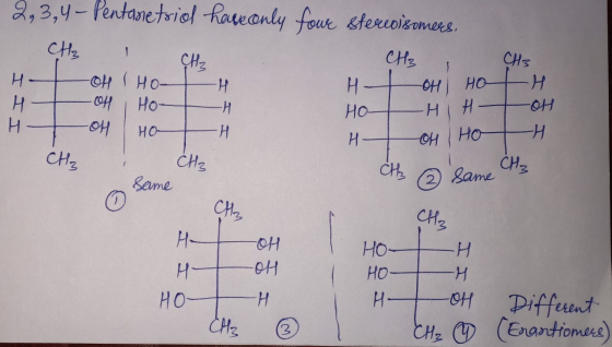 9,3,y-Pentanetriel haseanly foue stercoisomes. CHS -H CHE CH2 1 CH2 -CH HO- Ho- HO OH H H H H HO H OH Ho CH2 2 Same H H- HO C