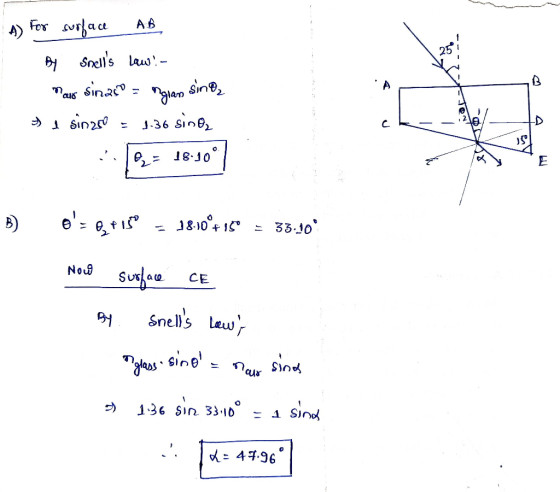 A) For surface AB i By Shells low- maw sinaso = ngran sing, & e sinaro = 1.36 sina @= 18-30° B) oz eriso - 18-109715 = 33.4